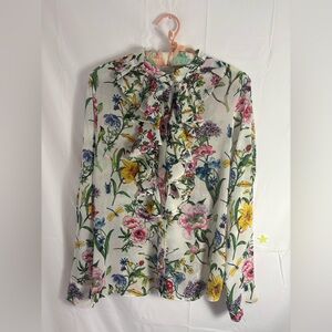 Semi Sheer Floral Insect Ruffle Hidden Button Cottagecore Blouse Women’s Size M